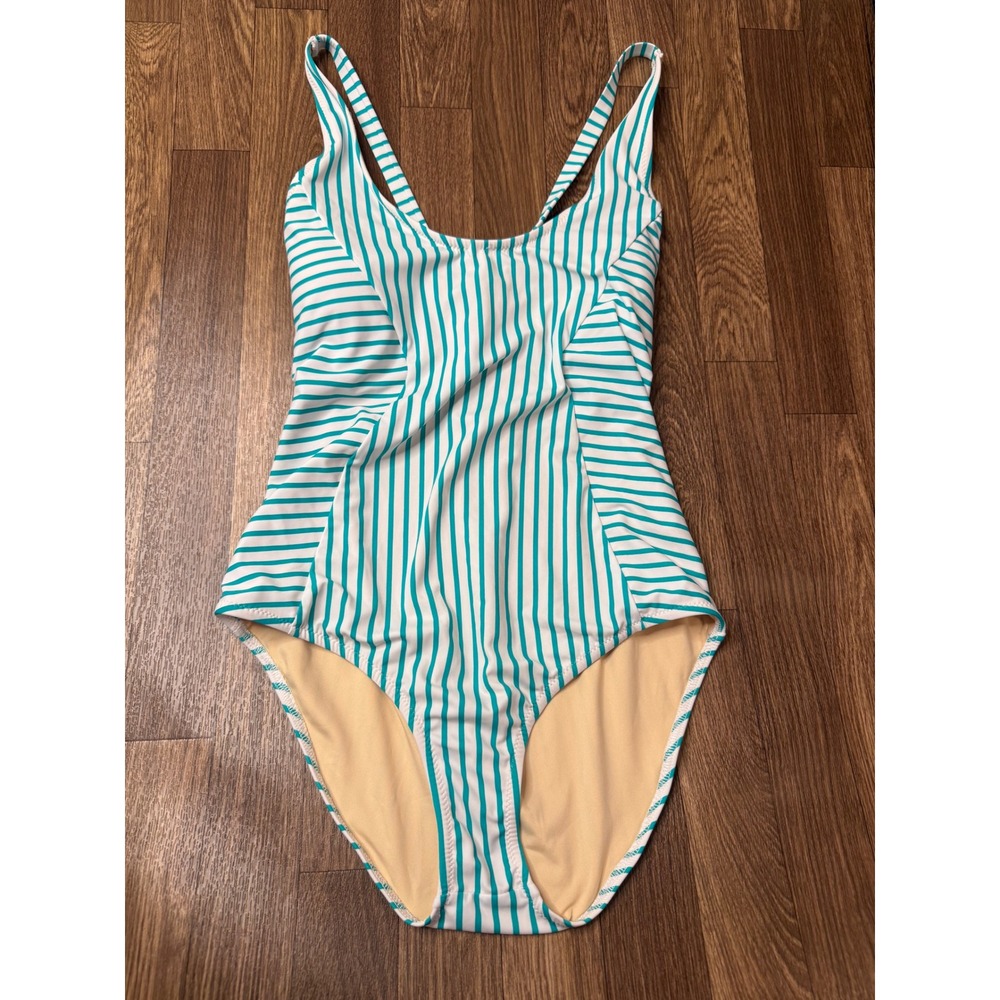 Cabana Life x Talbots Womens XL Teal White Striped One Piece Swimsuit Cross Back